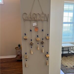 Brass Windchime with birdhouses bells and blue glass beads. Garden or wall decor